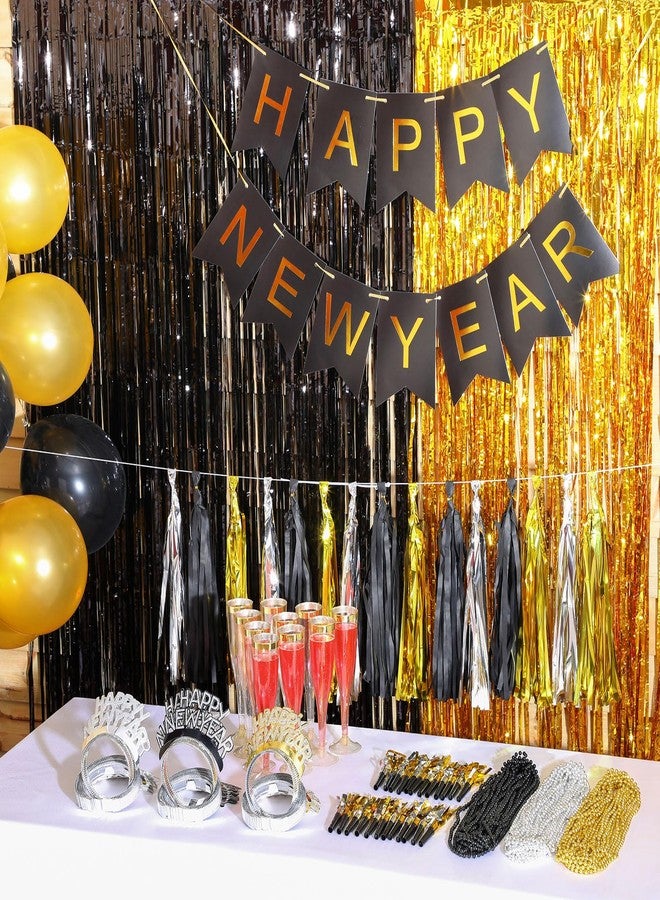 Silipull 188 Pcs 2026 New Years Eve Party Supplies with 36 Happy New Year Headband 36 Fringed Noise Makers 36 Champagne Flutes 36 Necklaces 36 Balloon 1 Banner 4 Fringe Curtains 3 Tassel Garlands - Image 4